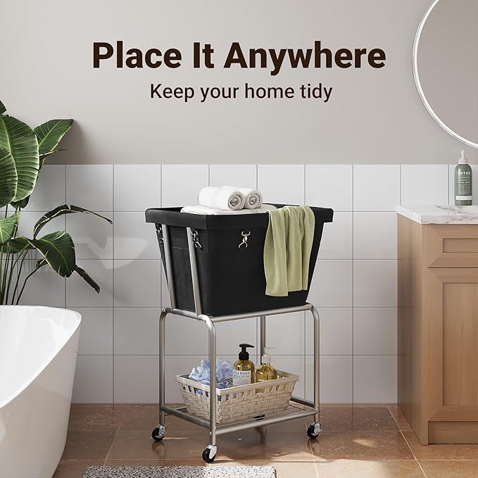 ELYKEN Rolling Laundry Hamper with Wheels, Laundry Cart with Removable Bag, Heavy Duty Metal Frame, 2-Tier Clothes Basket Hamper with Shelf for Closet, Bedroom, Bathroom, Laundry Room, Black