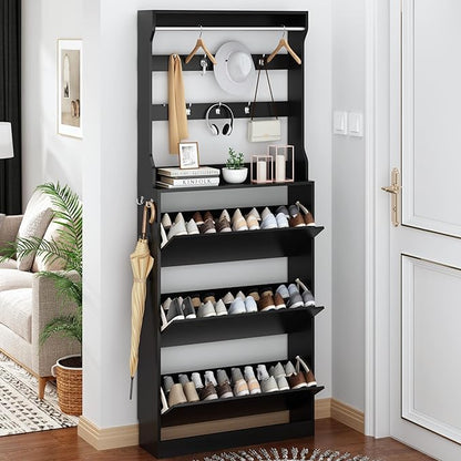 Shoe Cabinet for Entryway with 3 Flip Drawers, Black Tall Wood Shoe Storage Cabinet with Coat Rack, Narrow Hidden Slim Freestanding Shoe Rack Organizer, 2 in 1 Hall Tree for Living Room, Hallway