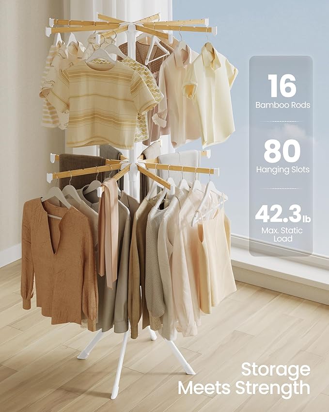 SONGMICS Clothes Drying Rack 2-Tier, with Bamboo Hanging Rods, Foldable Metal Laundry Rack, Space-Saving, Free-Standing Airer, Indoor Use, White and Natural ULLR517W01