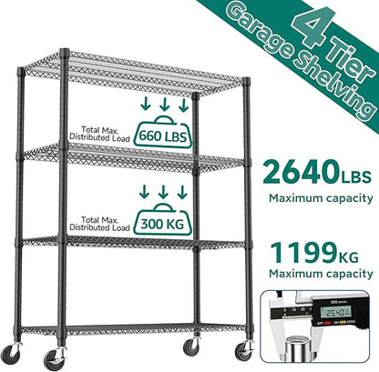2640LBS 53.1" W 4 Tiers Shelf Steel Storage Shelves Shelving Unit Steel Organizer Wire Rack for Home,Kitchen,Office,Garage Black 23.6" D x 53.1" W x 73.6" H