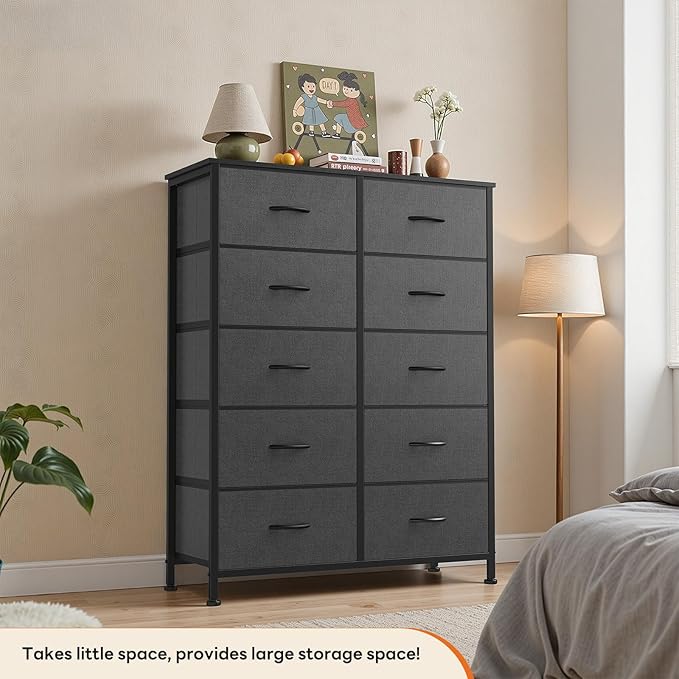 Sweetcrispy 10 Drawer Fabric Dresser Storage Tower with Bins, Tall Chest Organizer for Bedroom Closet Hallway, Steel Frame Wood Top Easy Pull Handles,Dark Gray