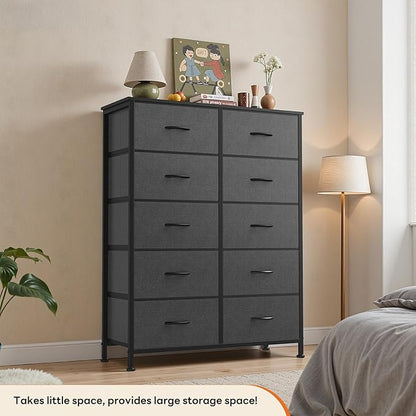 Sweetcrispy 10 Drawer Fabric Dresser Storage Tower with Bins, Tall Chest Organizer for Bedroom Closet Hallway, Steel Frame Wood Top Easy Pull Handles,Dark Gray