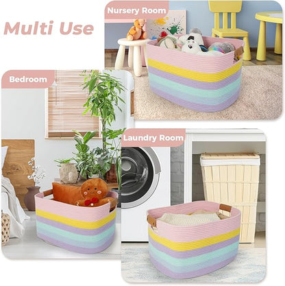 danpinera Large Laundry Basket, 108L Rectangle Woven Baskets for Storage for Living Room, Laundry, Nursery, Pillows, Baby Toy chest, Blanket Storage with Leather Handle, 25’’*16’’*16’’ Rainbow