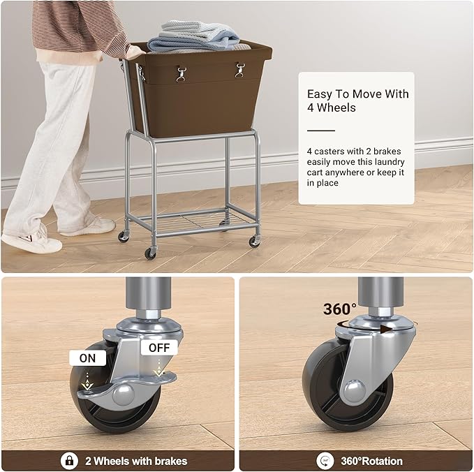 ELYKEN Rolling Laundry Hamper with Wheels, Laundry Cart with Removable Bag, Heavy Duty Metal Frame, 2-Tier Clothes Basket Hamper with Shelf for Closet, Bedroom, Bathroom, Laundry Room, Camel Brown
