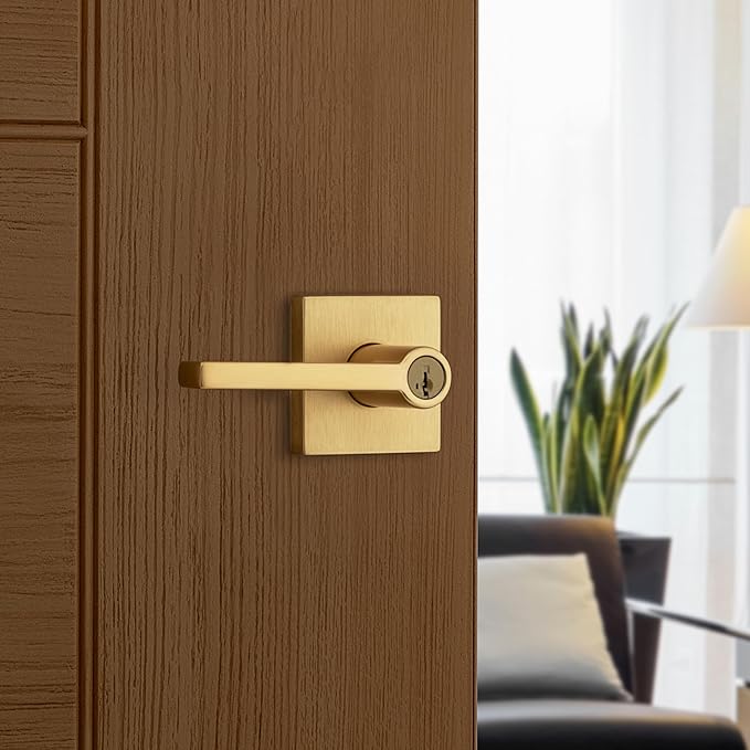 Kwikset Halifax Entry Door Handle with Lock and Key, Secure Keyed Reversible Lever Exterior, for Front Entrance and Bedrooms, Satin Brass, 10 Pack, Pick Resistant SmartKey Rekey Security