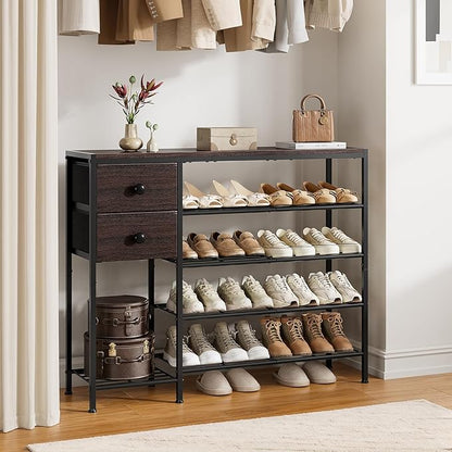 5-Tier Shoe Rack with 2 Fabric Drawers, Metal Frame and Wooden Board Shoe Organizer for 16-20 Pairs of Shoes, Shoe Shelf with Boots Storage for Entryway Closet Dark Brown