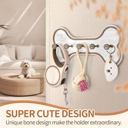 MTERSN Rustic Farmhouse Dog Leash Holder for Wall - Decorative Key Hooks Wall Mount with Bone Shape and Coat Hanger for Entryway - Pets Accessories Storage for Dog Lover Gifts (Distressed White)