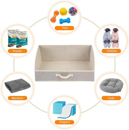 2 Pack Dog Toy Basket, Collapsible Cat Dog Toy Bin with Handles, Fabric Trapezoid Dog Toy Box Storage for Pet Dogs Toys,Blankets,Clothes and Accessories (Ecru)
