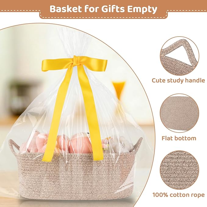 Large Empty Gift Baskets for Baby Shower, 16.5" L x 12.6" W x 7" H Cute Woven Storage Basket with Gift Bags and Ribbons, Small Rope Toy Basket with Handles, Cat Dog Pet Toy Organizer - Brown