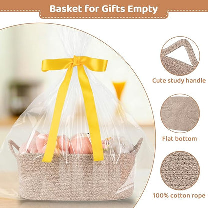 Large Empty Gift Baskets for Baby Shower, 16.5" L x 12.6" W x 7" H Cute Woven Storage Basket with Gift Bags and Ribbons, Small Rope Toy Basket with Handles, Cat Dog Pet Toy Organizer - Brown