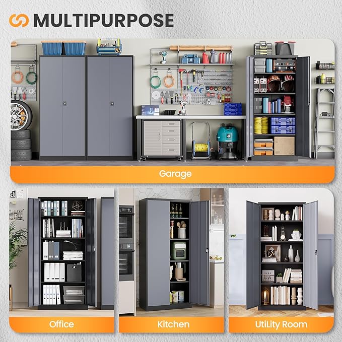 Metal Garage Storage Cabinets with Lock, 72" Tall Tool Cabinet with 2 Door and 4 Adjustable Shelves, Locking Garage Cabinets and Lockable Steel Locker for Home Office Warehouse-(Black Gray-72”H)