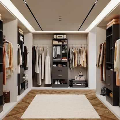 COTUBLR Closet System, 48" W - 105” W Closet Organizer with 24” Tower and 2 Extendable Hanging Rods, Walk-in Wardrobe Garment Rack with 2 Wooden Drawers and 6 Shelves, Fit up to 600 LBS (Black)