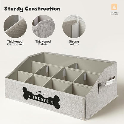 Dog Treat Container, Dogs Storage Organizer with Removable Dividers, Collapsible Dogs Treat Holder for Countertop, Trapezoid Pet Treats Containers, Dog Toy Basket with PU Handles, Large, Gray