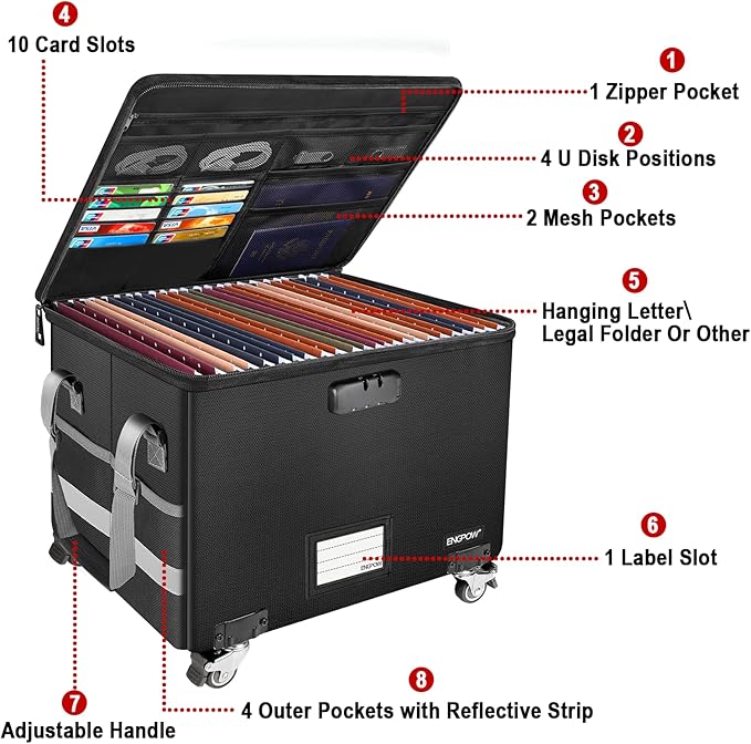 ENGPOW Fireproof Document Box with Wheels, Collapsible File Box with Lock, Rolling File Storage Organizer Filing Cabinet with Pockets, Portable Home Office Safe for Hanging Letter/Legal Folder