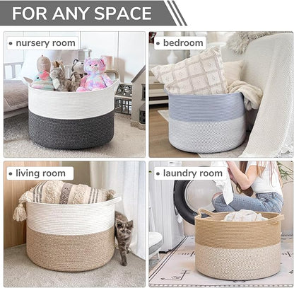 INDRESSME XXXLarge Cotton Rope Basket 21.7" x 21.7" x 13.8" Woven Baby Laundry Baskets Blanket Basket Toy Baskets with Handle Storage Comforter Cushions Gray Laundry Hamper
