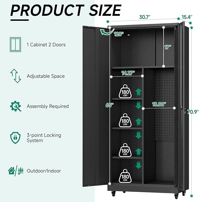 Metal Garage Storage Cabinet with Wheels, Locking Doors and Adjustable Shelves - Tall Black Cabinet for Office, Home, Garage, Shop