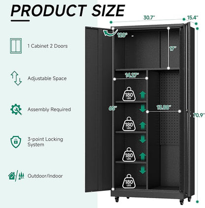Metal Garage Storage Cabinet with Wheels, Locking Doors and Adjustable Shelves - Tall Black Cabinet for Office, Home, Garage, Shop
