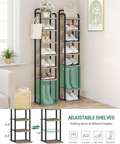 8 Tiers Vertical Shoe Rack, Narrow Shoe Tower, Tall Shoes Shelf with 2 Hooks, Adjustable Shelves, Corner Shoes Shelves for Small Spaces, Entryway, Living Room, Greige SR04305B