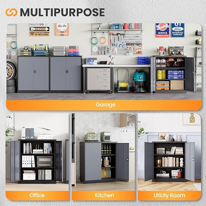 Metal Garage Storage Cabinets with Lock, 36" Tall Tool Cabinet with 2 Door and 2 Adjustable Shelves, Locking Garage Cabinets and Lockable Steel Locker for Home Office Warehouse-(Black Gray-36”H)