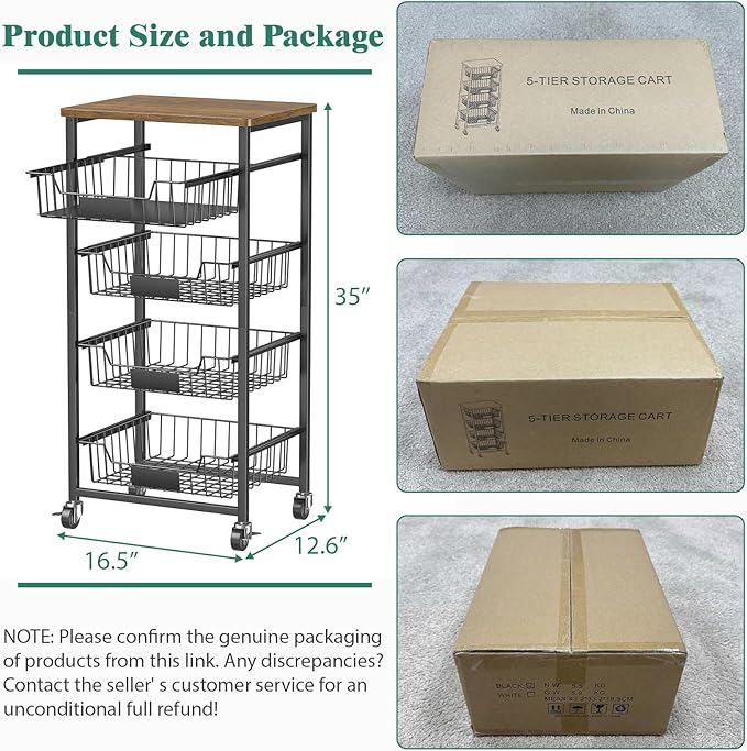 Fruit Basket, 5-Tier Utility Kitchen Organizer and Storage Cart with Pull-Out Baskets and Wood Top, Rolling Pantry Kitchen Cart on Wheels for Fruit Potato Onion Vegetable Snack Produce
