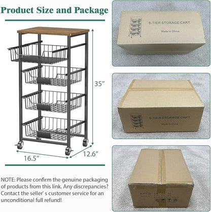 Fruit Basket, 5-Tier Utility Kitchen Organizer and Storage Cart with Pull-Out Baskets and Wood Top, Rolling Pantry Kitchen Cart on Wheels for Fruit Potato Onion Vegetable Snack Produce