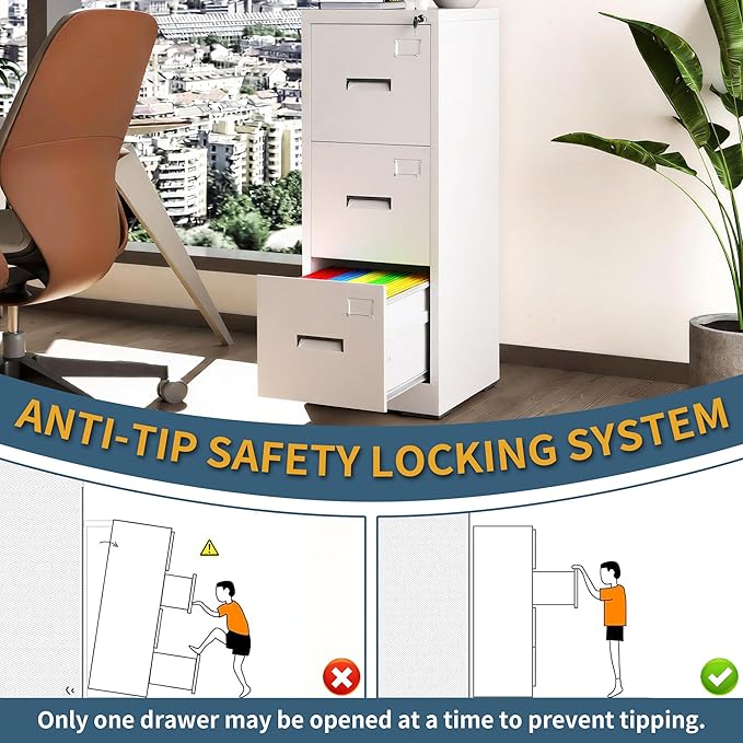 3 Drawer File Cabinet with Lock, Vertical Filing Cabinets for Home Office, Heavy Duty File Cabinet, Metal Storage Cabinets for Letter/Legal/A4/F4 Size Assembly Required, White