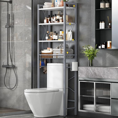 Over-The-Toilet Storage Rack, 4-Tier Bathroom Organizer Shelf Over Toilet with Adjustable Shelf and Basket, Freestanding Space Saver Bathroom Shelves Above Toilet for Room (Gray White)