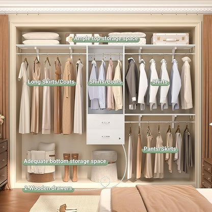 96" Closet System with 2 Wooden Drawers, 4-8ft Walk-in Closet Organizer System with 4 Hanging Rods,for Bedroom,Living Room,Garment Rack,White