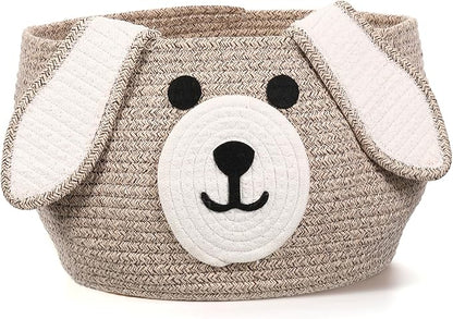 Zopeal Dog Woven Basket Cute Woven Cotton Rope Puppy Animal Storage Basket for Laundry Toy Gift(Brown, White,13 x 8 Inch)