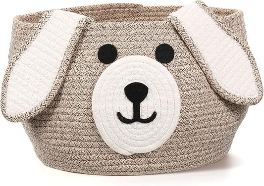 Zopeal Dog Woven Basket Cute Woven Cotton Rope Puppy Animal Storage Basket for Laundry Toy Gift(Brown, White,13 x 8 Inch)