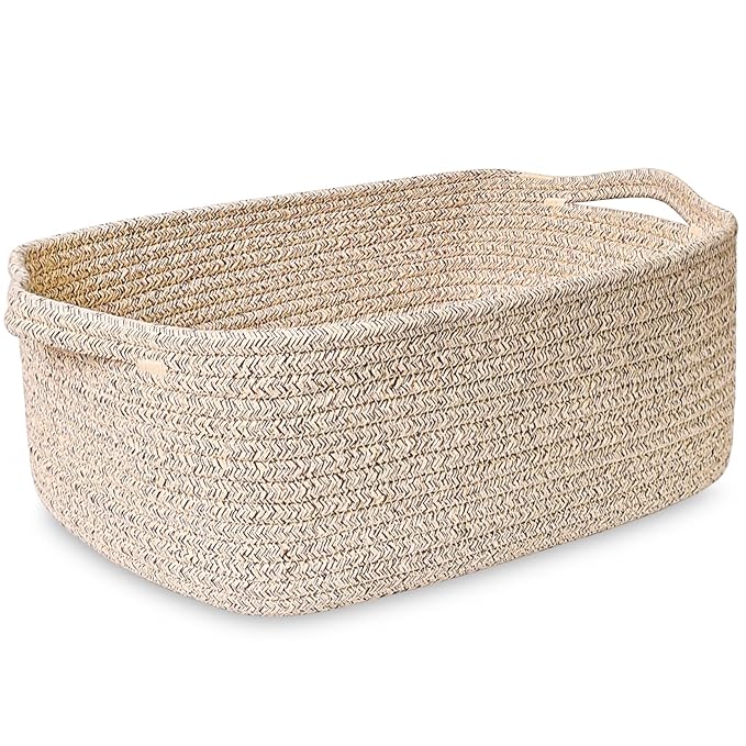 ABenkle Small Storage Basket with Handles, Cotton Rope Woven Dog Cat Toy Bin, Decorative Shelves Closet Organizing for Nursery Laundry Bedroom Bathroom, 14.2''x 11''x 5.1''