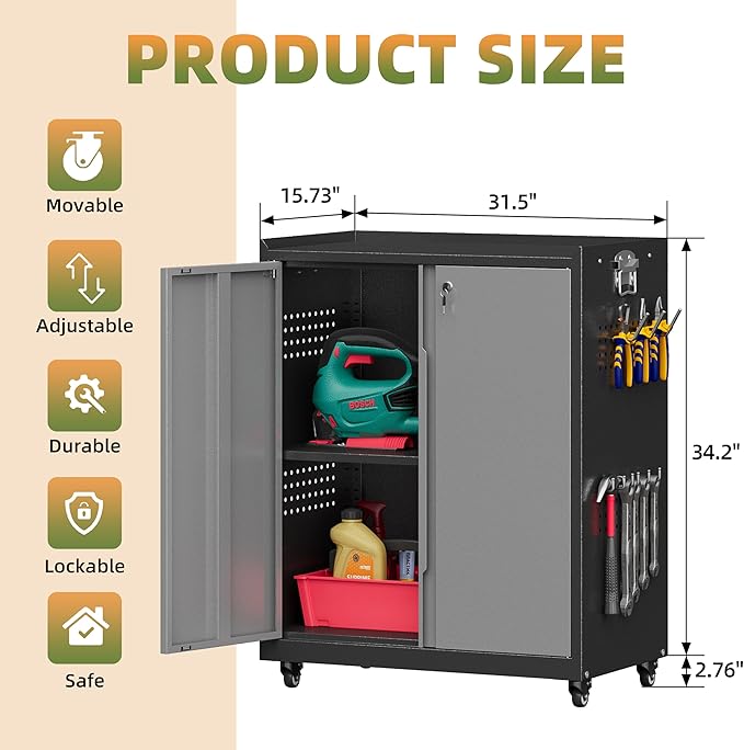 Garage Storage Cabinet with Wheels, Metal Storage Cabinets for Hanging Tools, Rolling Tool Cabinet, 34''H Heavy Duty & Rust Resistant Storage Cabinet for Garage, Warehouse, Office