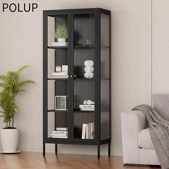Display Cabinet with 3 Side Tempered Glass, 66" Tall Curio Cabinet with Glass Doors, Black Display Case for Collectibles, Metal Storage Cabinet & Bookcase for Living Room, Assemble Required