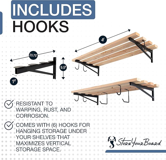 StoreYourBoard 24 Inch Heavy Duty Shelf Brackets, Set of 4 for 2' x 4' DIY Garage Wall Shelves, Holds 600 lbs, Solid Steel, Includes 6 Hooks for Hanging Storage, 23.75" x 1" x 9.5"