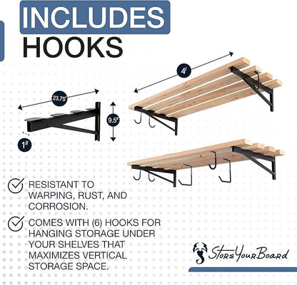 StoreYourBoard 24 Inch Heavy Duty Shelf Brackets, Set of 4 for 2' x 4' DIY Garage Wall Shelves, Holds 600 lbs, Solid Steel, Includes 6 Hooks for Hanging Storage, 23.75" x 1" x 9.5"