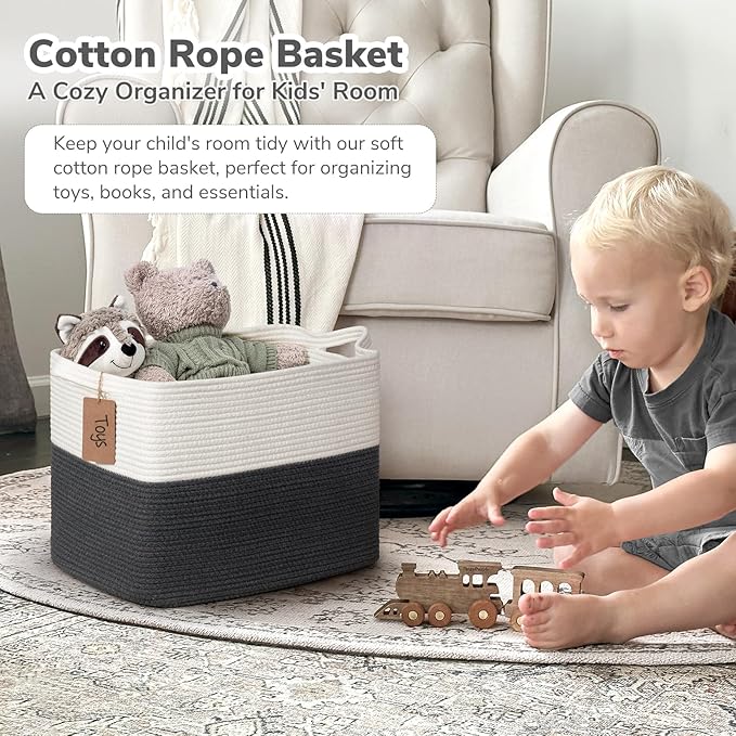 Goodpick Woven Storage Baskets for Organizing, 18" x 14" x 12" Baby Laundry Blanket Toy Basket for Living Room, Rectangle Cotton Rope Baskets with Handles, Dark Gray