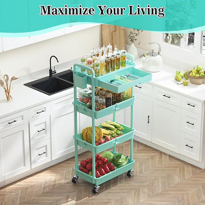 4 Tier Rolling Utility Cart with Drawer, Storage Organizer Cart with 2 Lockable Wheels, Multifunctional Rolling Storage Cart for Bathroom, Kitchen, Craft, Makeup, Baby Essentials, Blue