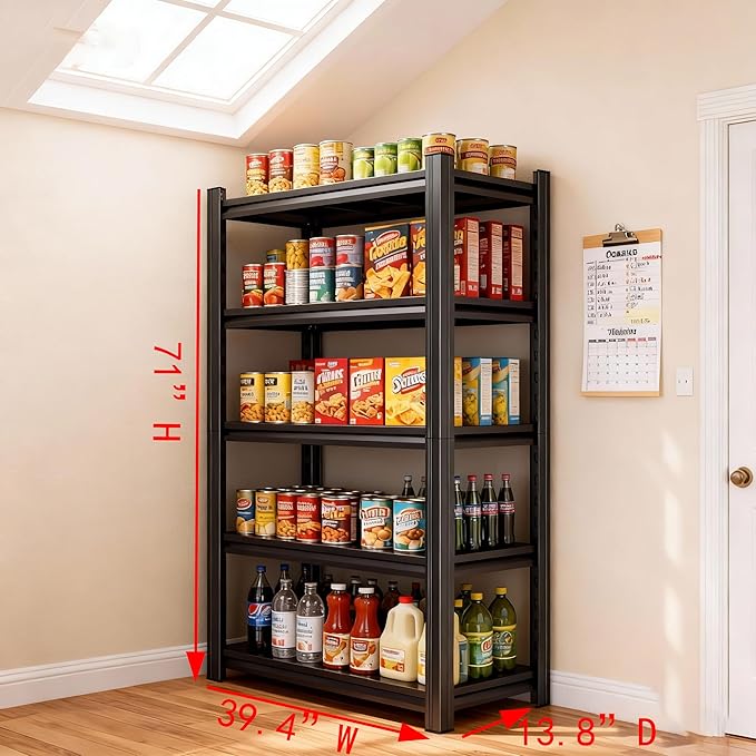 Metal Garage Shelving Unit,Heavy Duty 5-Tier Adjustable Storage Shelves,3000 lbs Capacity,Industrial Shelves for Heavy Tools and Equipment,for Garage,Basement (Black, 39.4" Wx13.8 Dx71 H)