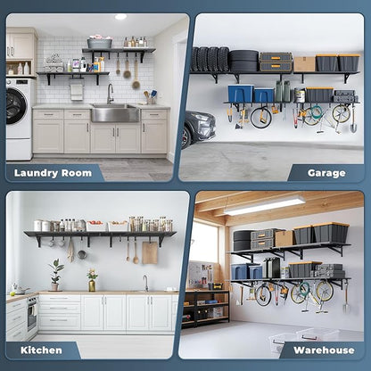 2-Pack 2x4ft Garage Shelving Wall Mounted, Heavy Duty Garage Wall Shelving with Hooks, 500 lbs Capacity Industrial Storage Shelves for Garage Organization
