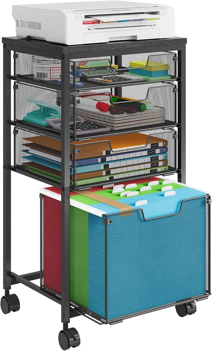Rolling File Cart with 4 Storage Drawers, Filing Cabinet for Home Office, Hanging File Folder Organizer with Wheels Under Desk, Utility Craft Cart Printer Stand, Black