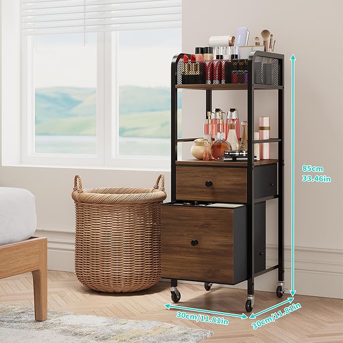 HapiRm Rolling Makeup Cart Organizer - Floor Skincare Make Up Storage with 2 Non-woven Fabric Drawers, Vanity Organizer Cosmetic Display Cases Holder for Skin Care Perfume Nail Polish Brush Hair Tool