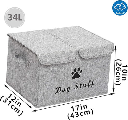 Large Dog Toys Storage Box Canvas Storage Basket Bin Organizer with Lid - Collapsible Linen Bin Ideal for Organizing Dog Cat Toys and pet stuff-PP Boad-17" x 12" x 10" - Snow Gray