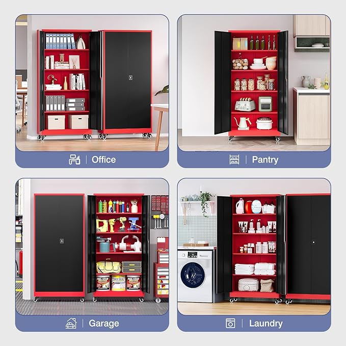 Metal Storage Cabinet with Wheels, Tall Garage Storage Cabinet with 4 Adjustable Shelves and 2 Doors, Lockable Tool Cabinet for Garage Home Office,Gym,School(Black-Red)