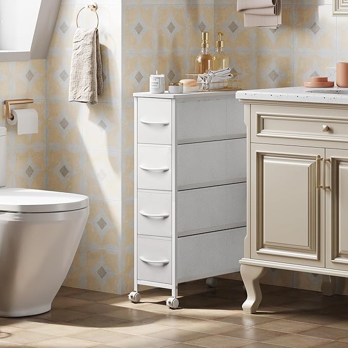 Narrow Dresser Storage Tower with 4 Drawers, Slim Dresser Chest of Drawers with Steel Frame, Wood Top, Dresser for Bedroom, Bathroom, Small Spaces, Laundry, Closet (White)