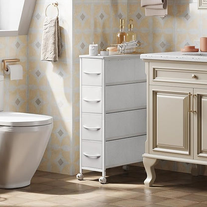 Narrow Dresser Storage Tower with 4 Drawers, Slim Dresser Chest of Drawers with Steel Frame, Wood Top, Dresser for Bedroom, Bathroom, Small Spaces, Laundry, Closet (White)