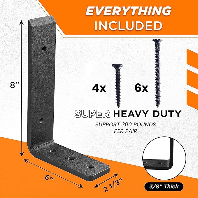 BATODA 8” Countertop Support Steel Brackets (2 pcs) for Large Granite - Heavy Duty L Floating Shelf Bracket - Black Metal Wall Mounted Support for Wood Shelving (8 inch)