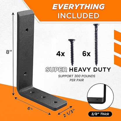 BATODA 8” Countertop Support Steel Brackets (2 pcs) for Large Granite - Heavy Duty L Floating Shelf Bracket - Black Metal Wall Mounted Support for Wood Shelving (8 inch)