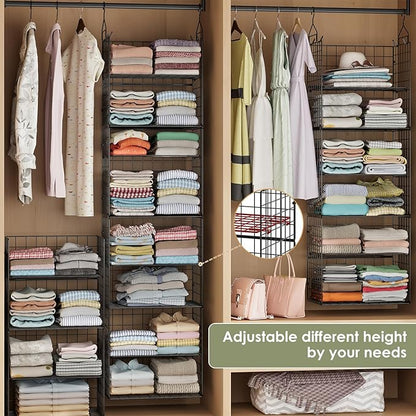 Hanging Closet Organizer and Storage - 8 Tier Closet Hanging Organizer Shelves, Metal & Foldable Hanging Storage Organizer Baskets with Adjustable Dividers for Clothing Sweaters Shoes Handbags