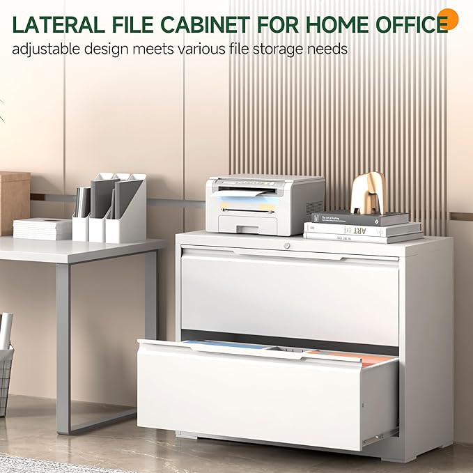Lateral File Cabinet 2 Drawer, Metal File Cabinet with Lock, Wide Filing Cabinets for Home Office, White Locking Deep Drawer for Hanging Files Letter/Legal/A4/F4 Size, Printer Stand, Assembly Required