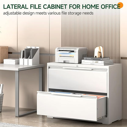 Lateral File Cabinet 2 Drawer, Metal File Cabinet with Lock, Wide Filing Cabinets for Home Office, White Locking Deep Drawer for Hanging Files Letter/Legal/A4/F4 Size, Printer Stand, Assembly Required